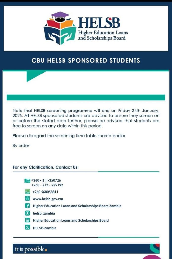 When is CBU HELSB Sponsored Students Screening Programme Deadline