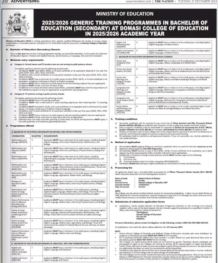 DOMASI College of Education 2025/2026 Generic Training Programmes In Bachelor of Education (Secondary)