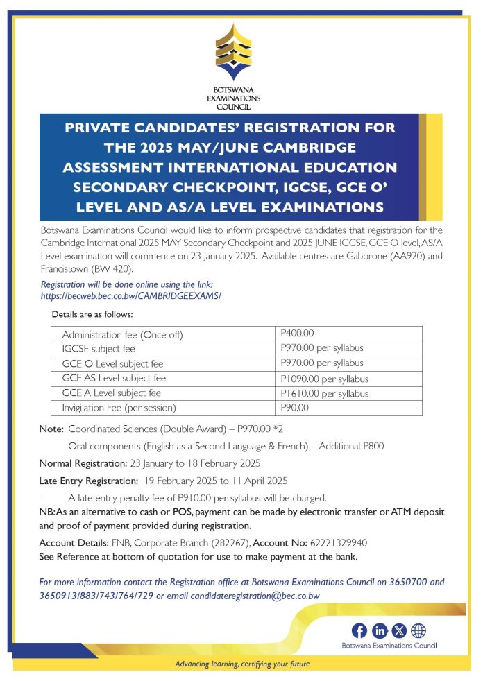 Botswana Examination Council May/June 2025 External Examinations Private Candidates Registration