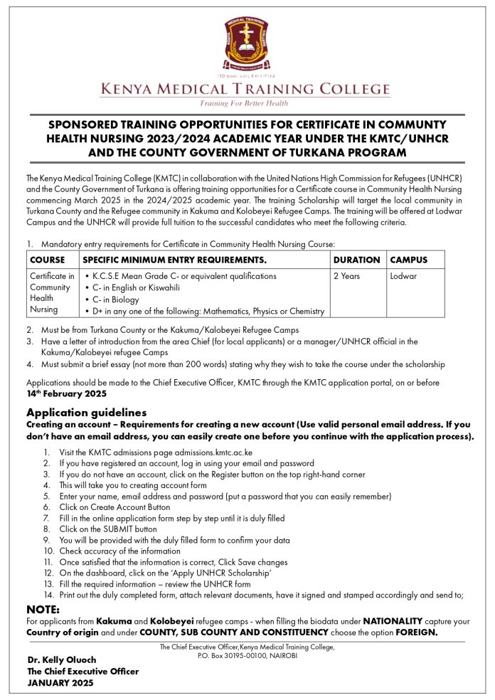 KMTC/UNHCR 50 Scholarships Application for Turkana Residents and Refugees