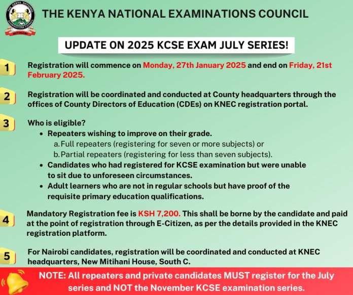 Update On KNEC JULY KCSE Examination 2025 Registration