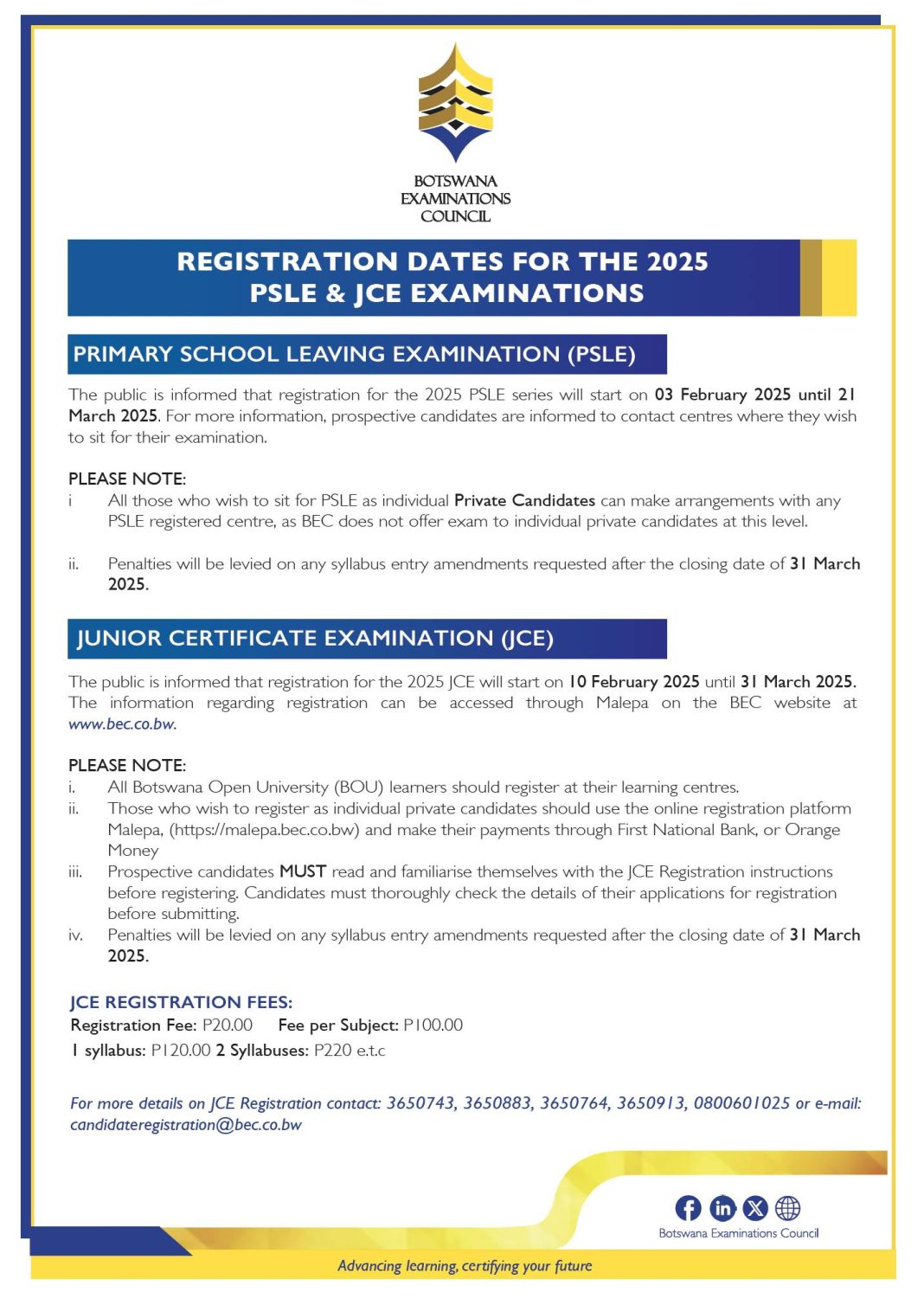Botswana Examination Council 2025 PSLE And JCE Registration