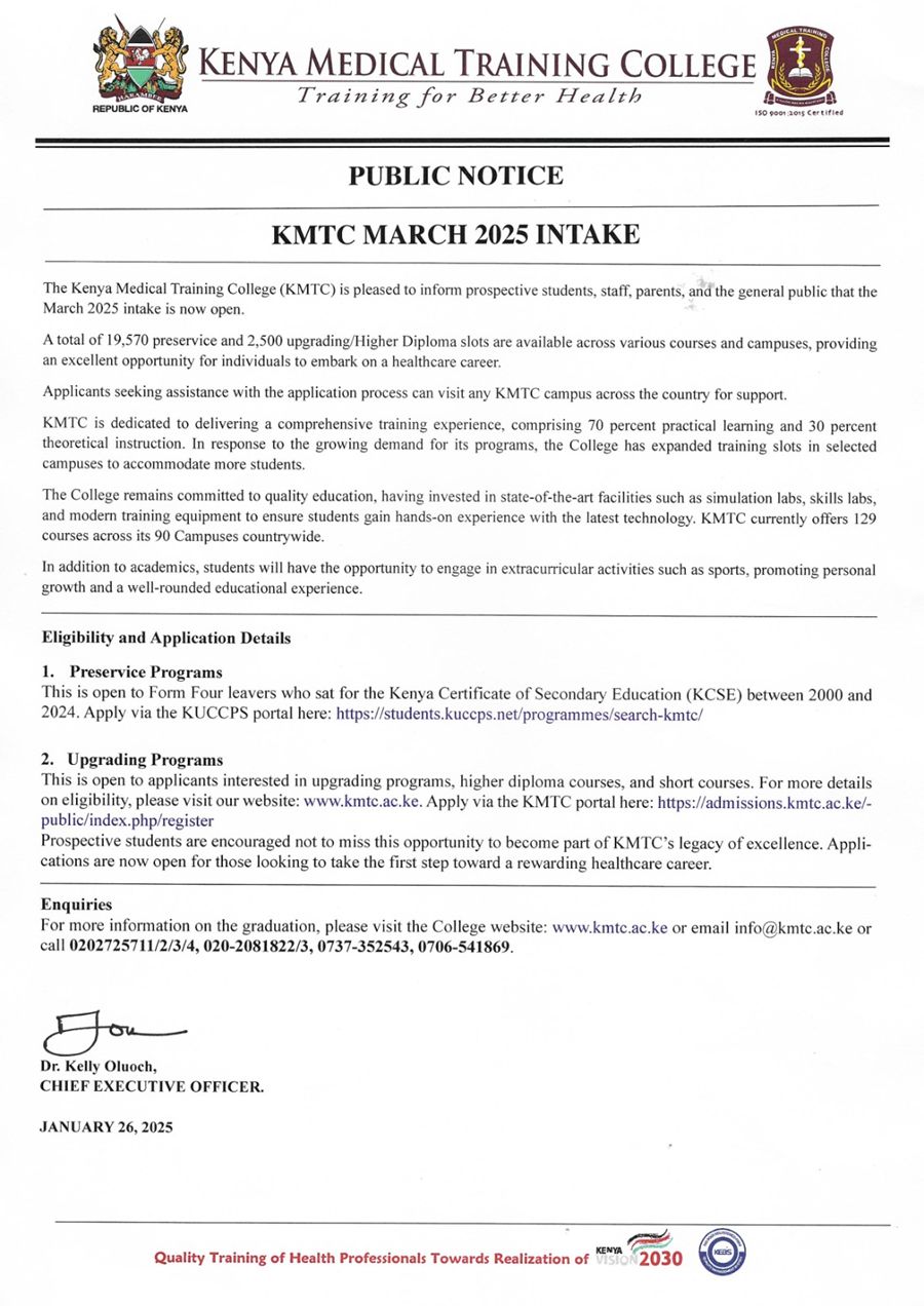 Kenya Medical Tining College (KMTC) March 2025 Intake