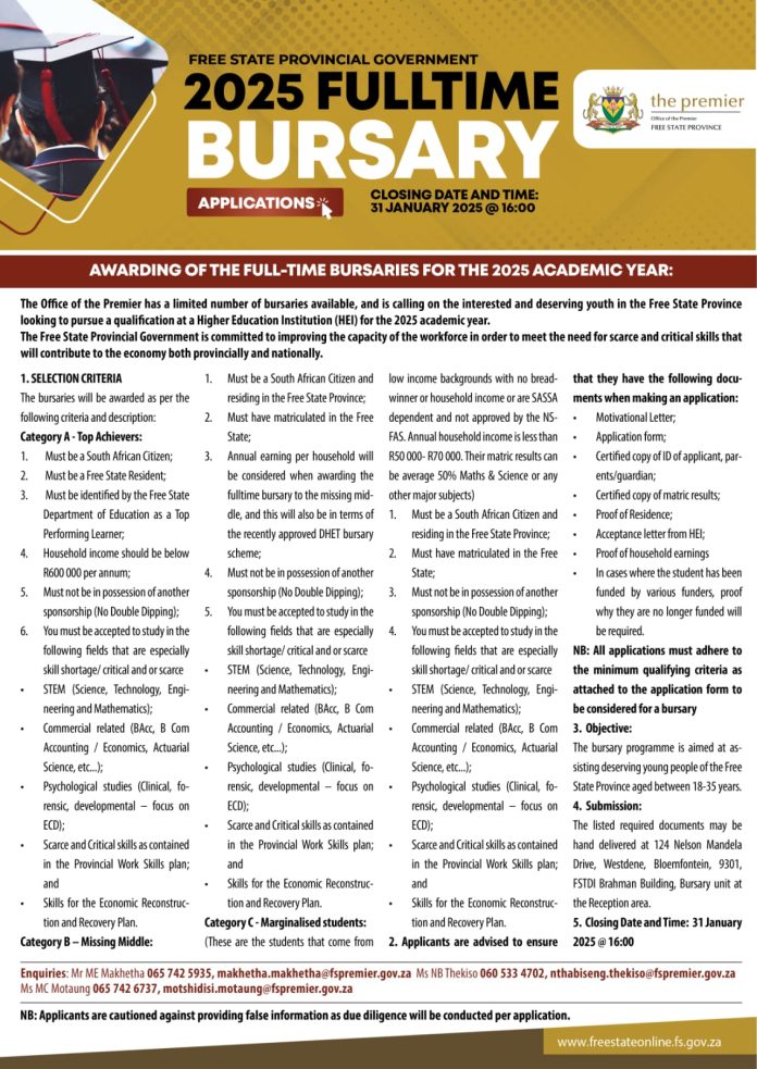 Free State Provincial Government 2025 Full time Bursary Applications Now Open