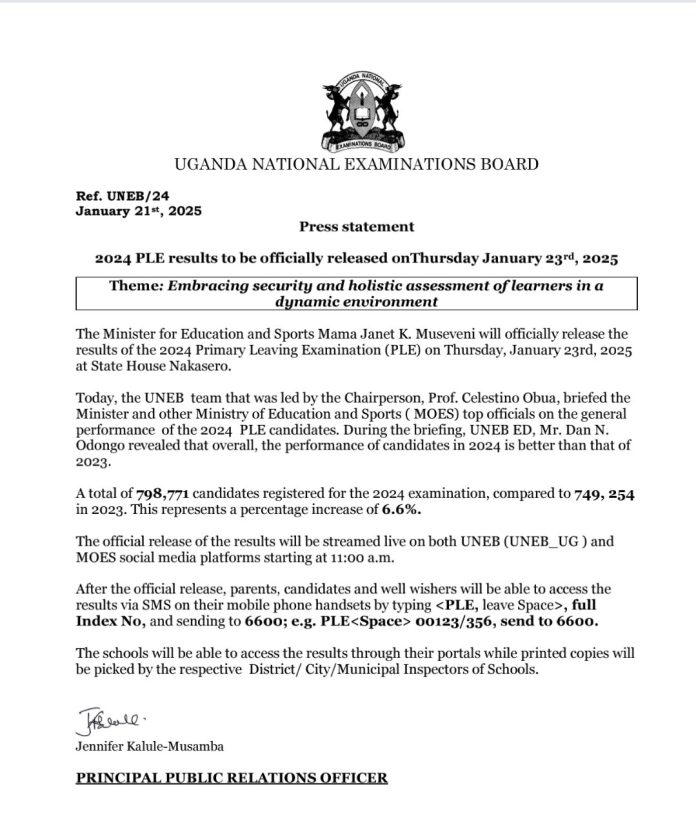 UNEB To Officially Release 2024 PLE Results on Thursday January 23rd 2025