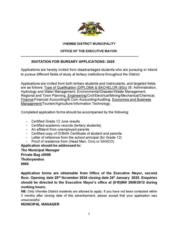 VHEMBE DISTRICT MUNICIPALITY EXECUTIVE MAYOR’S BURSARY FUND 2025 APPLICATION (FORM_