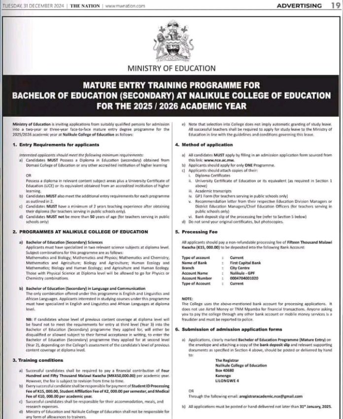 NALIKULE College of Education Mature Entry Training Programme for Bachelor Education 2025/26