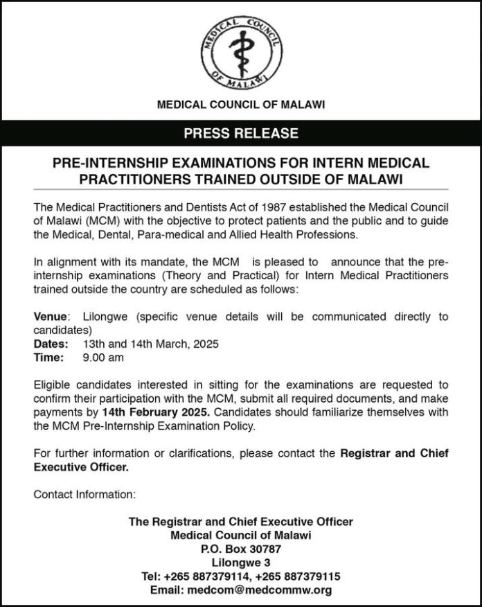 MCM Pre-Internship Examinations for Intern Medical Practioners Trained Outside Malawi