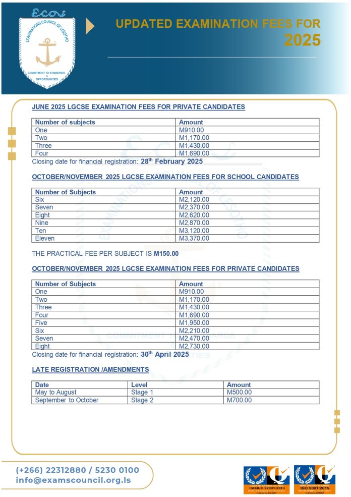 Examination Council of Lesotho Updated LGCSE 2025 Examination Fees