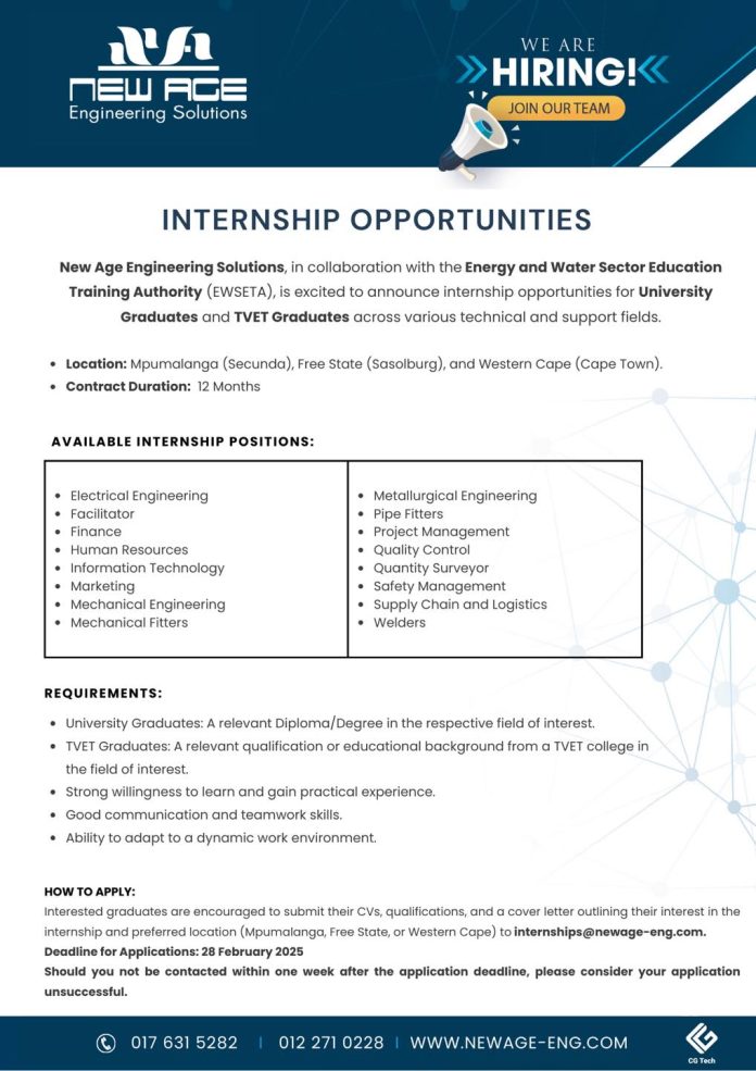 New Age Engineering Solutions/EWSETA Internship Opportunities 2025 for South Africans