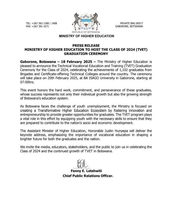 Botswana Ministry of Education To Host Class of 2024 (TVET) Graduation Ceremony