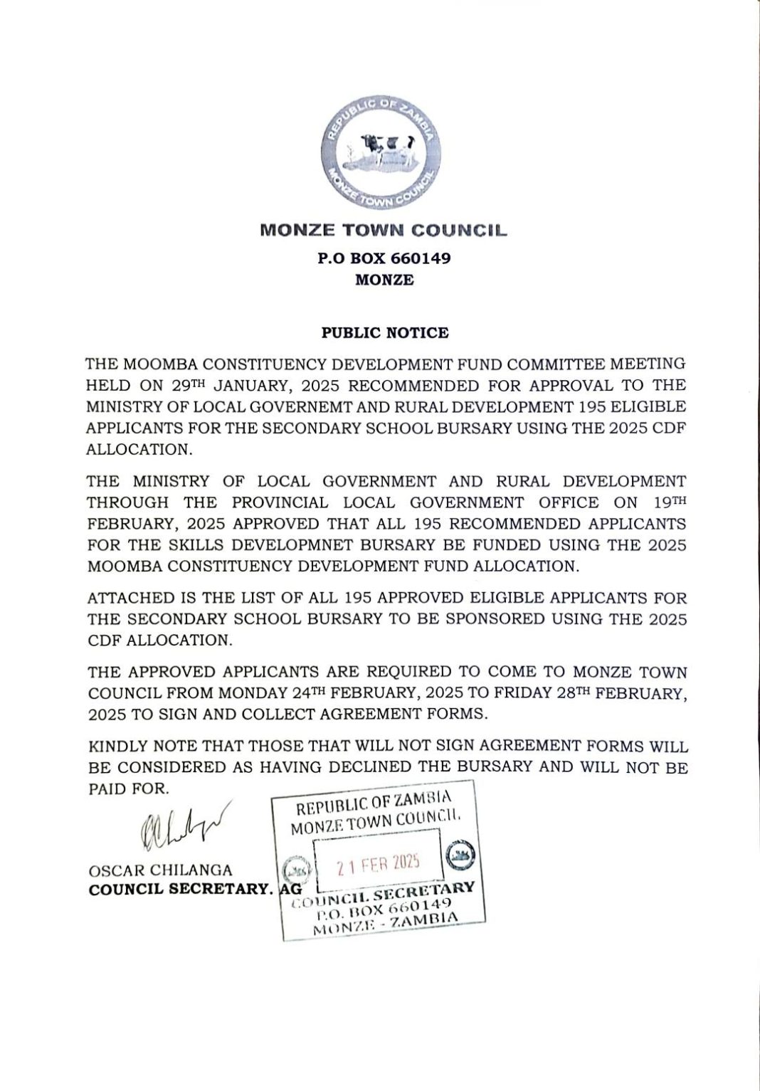 Moomba Constituency Secondary School Bursaries 2025 Full List