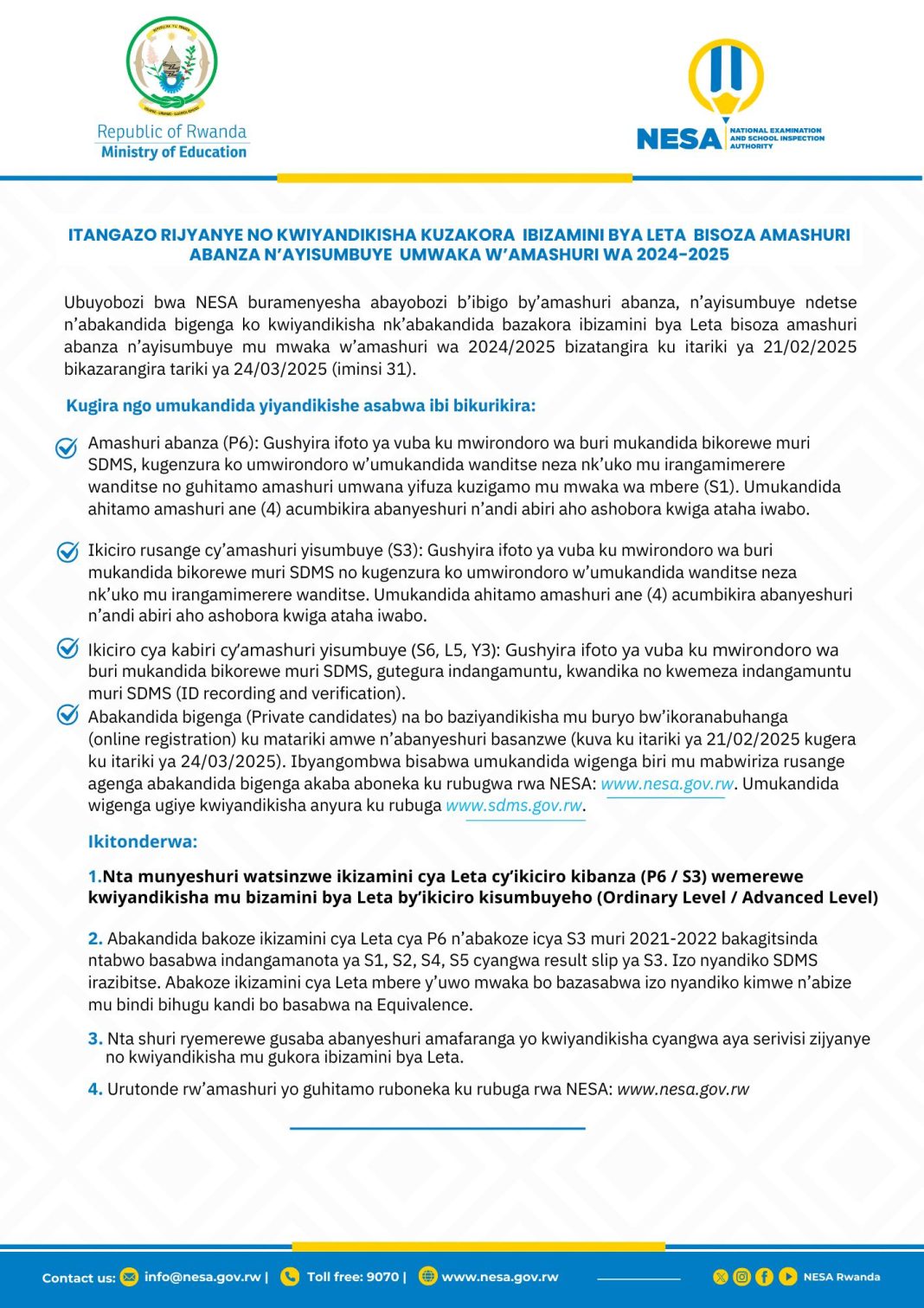 Rwanda NESA 2024/2025 National Examinations Registration Now Open
