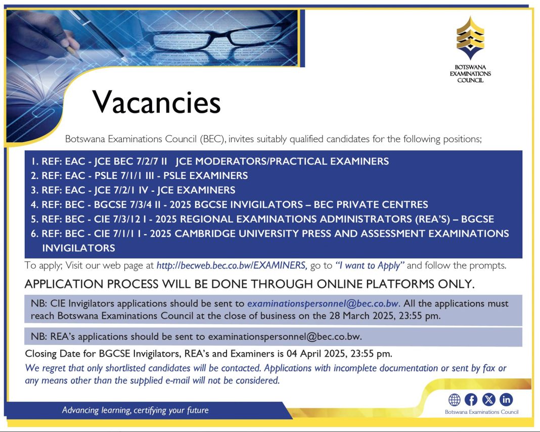 Botswana Examination Council Vacancies for Marking and Moderation Personnel for the 2025 PSLE & JCE Examinations