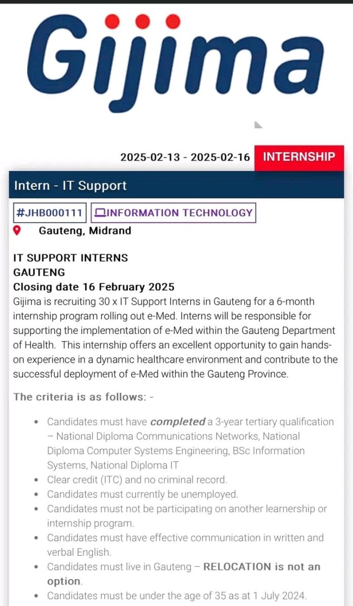 Gijima IT Support Internship Opportunities x30 for South Africans