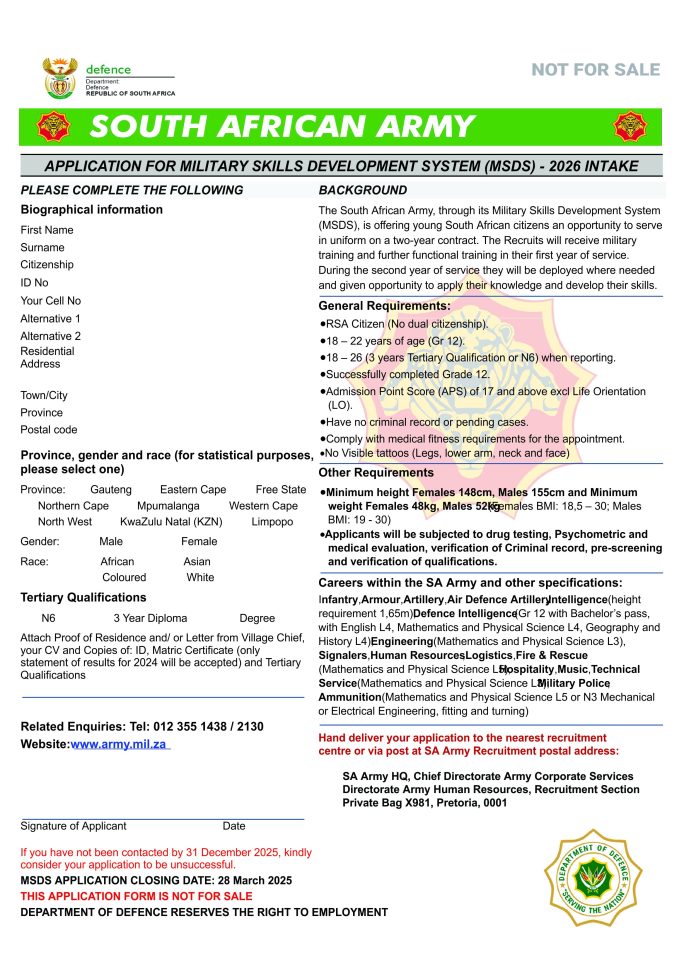 South Africa Army Military Skills Development System 2026 Application