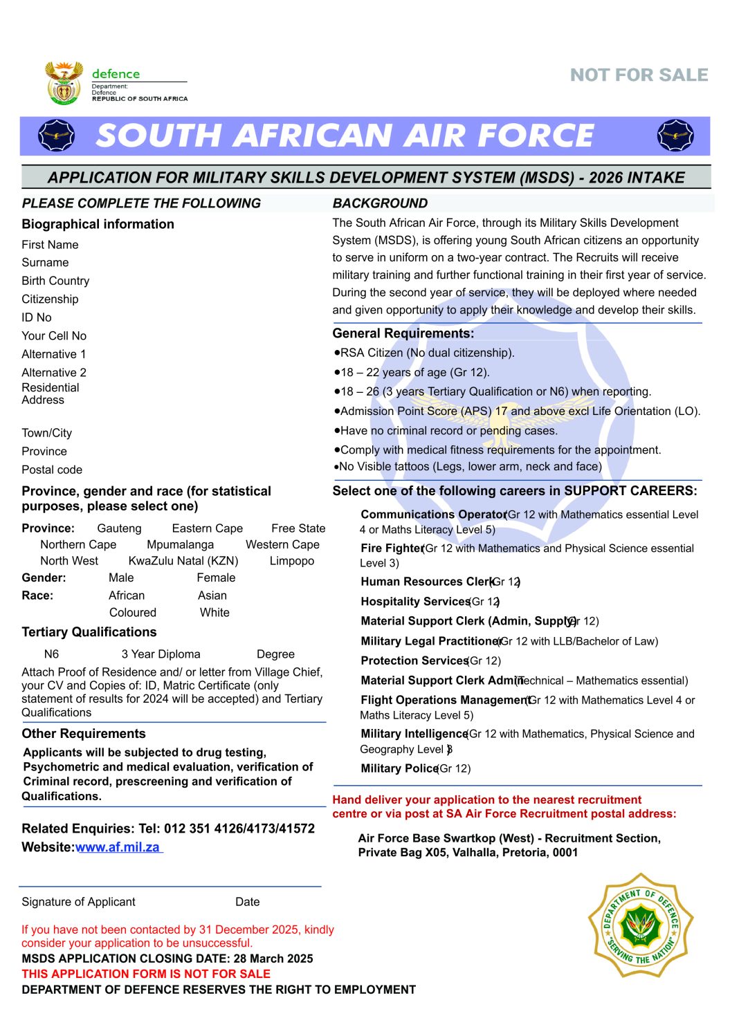 South Africa Air Force Application for Military Skills Development System(MSDS) 2026