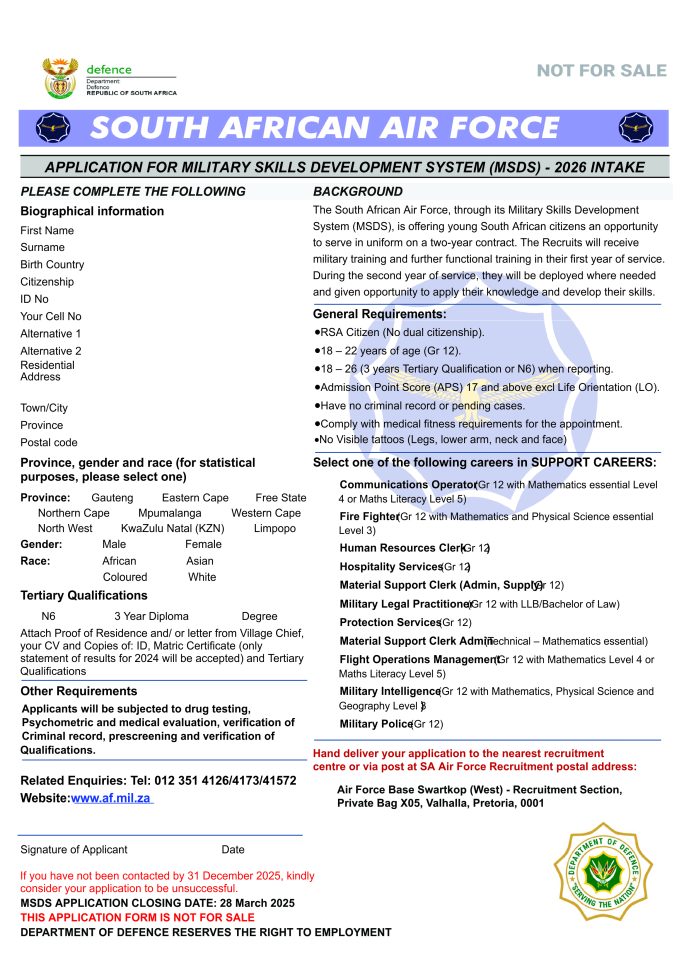 South Africa Air Force Application for Military Skills Development System(MSDS) 2026