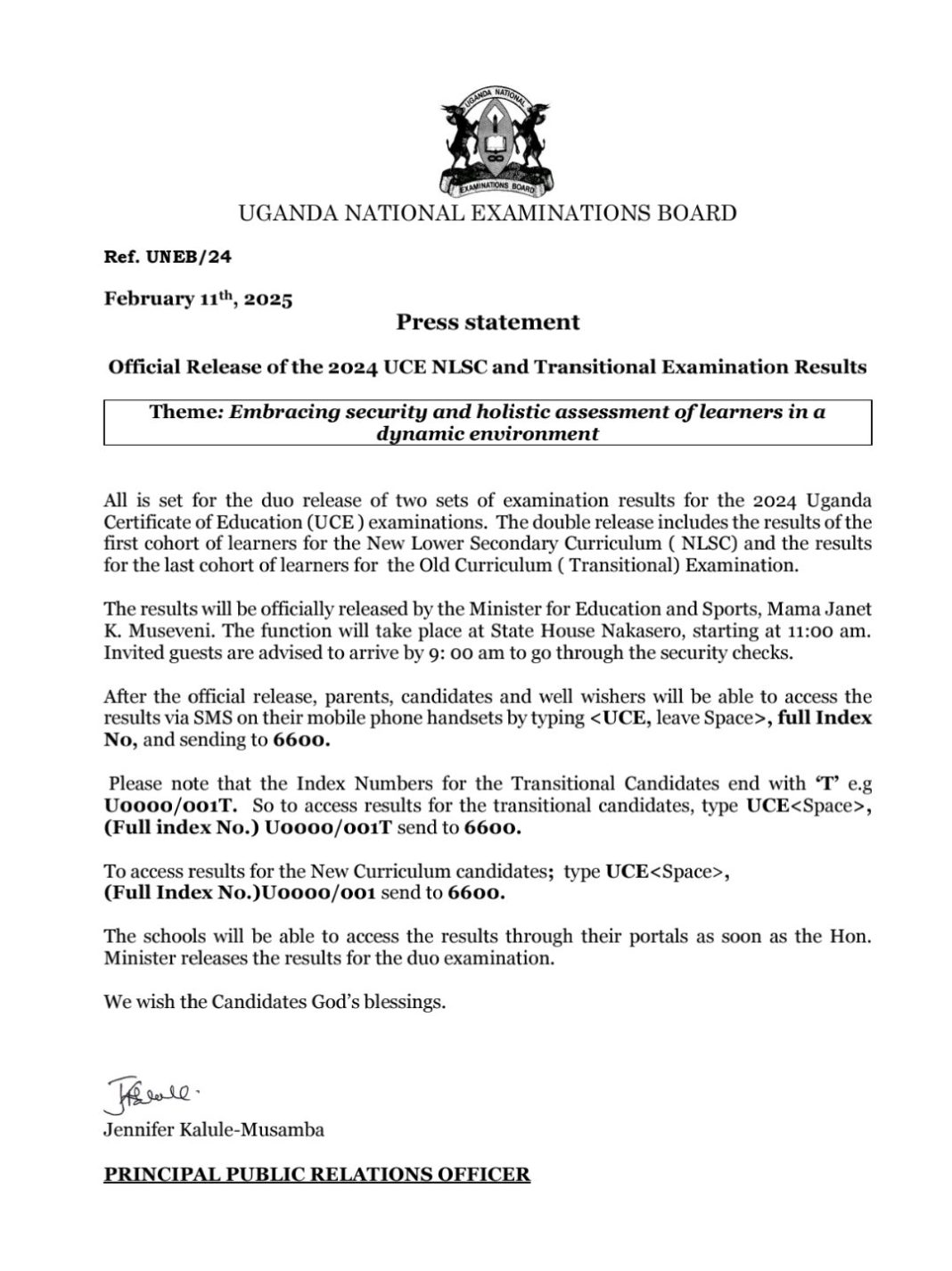 UNEB Official Release of the 2024 UCE NLSC and Transitional Examination Results