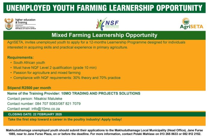 Makhuduthamaga Unemployed Youth Farming Learnership Opportunity 2025