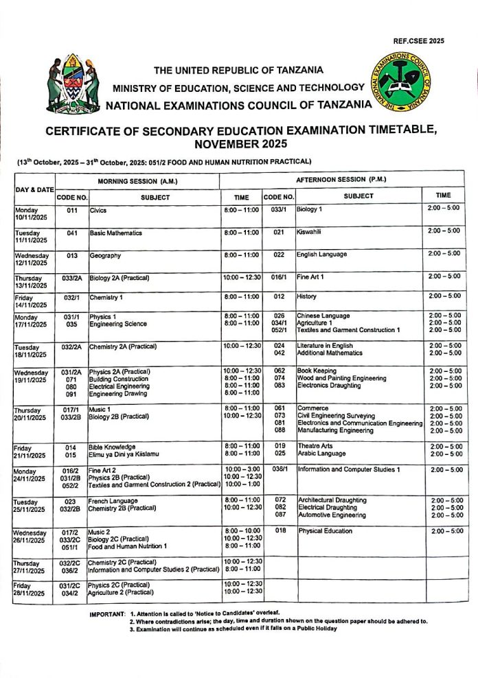 NECTA 2025 Certificate of Secondary Education Examination (CSEE) Timetable