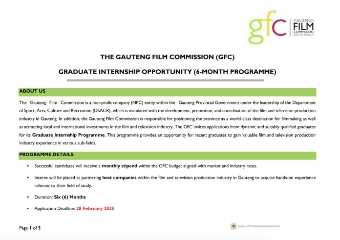 The Gauteng Film Commission (GFC) Graduate Internship Opportunity 2025