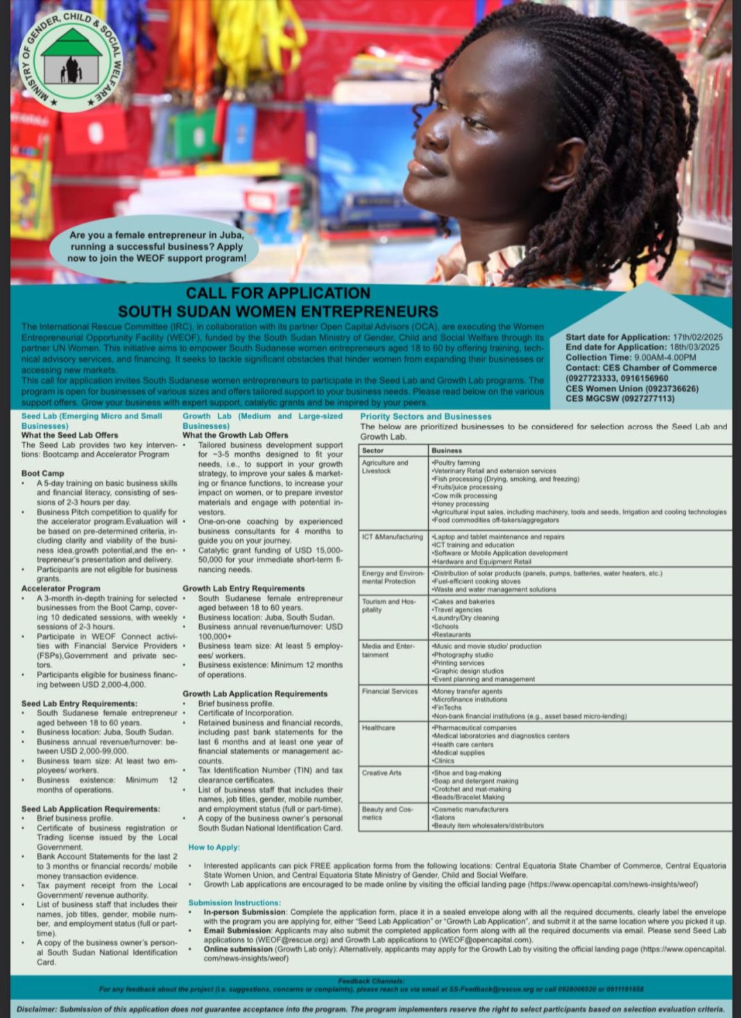WEOF Application Funding for South Sudan Women Entrepreneurs