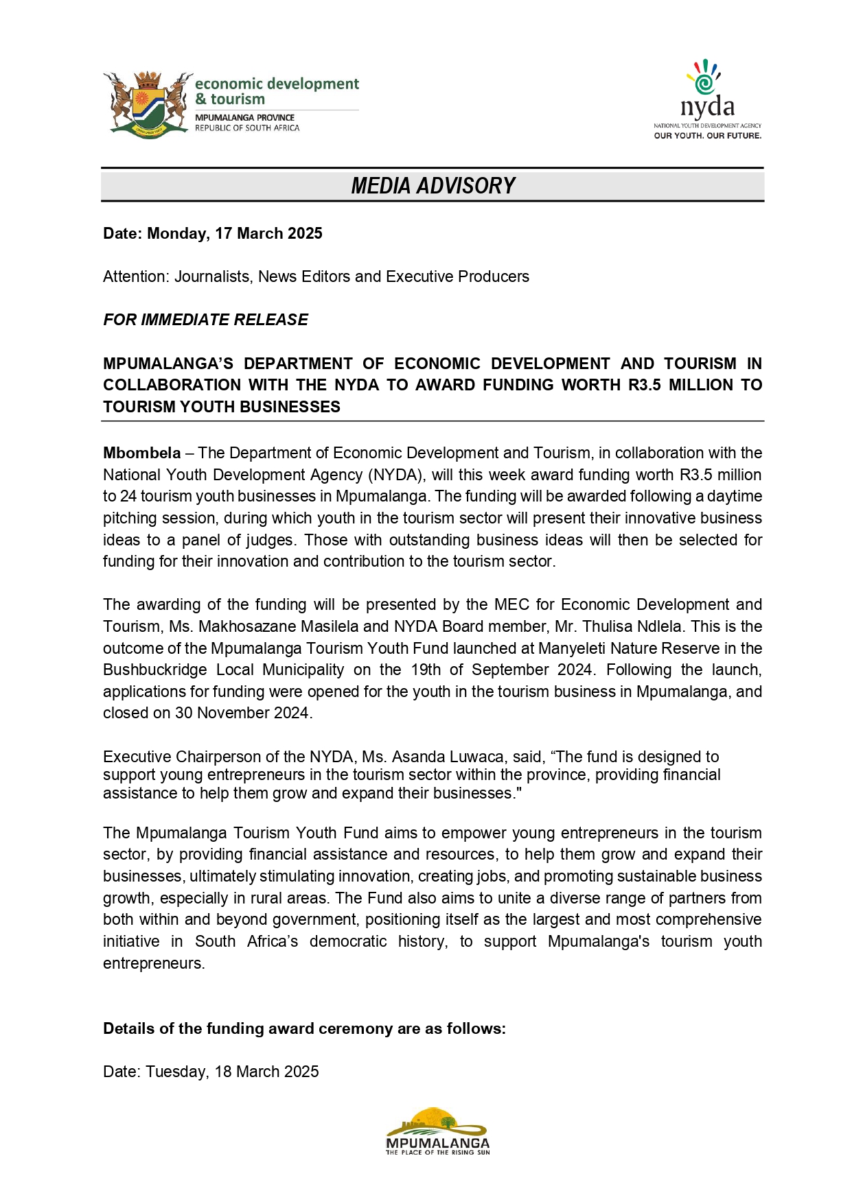 24 Tourism Youth Businesses in Mpumalanga To Receive Funding Worth R3.5 Million
