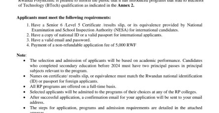 Rwanda Polytechnic (RP) 2025/26 Online Admission Now Open