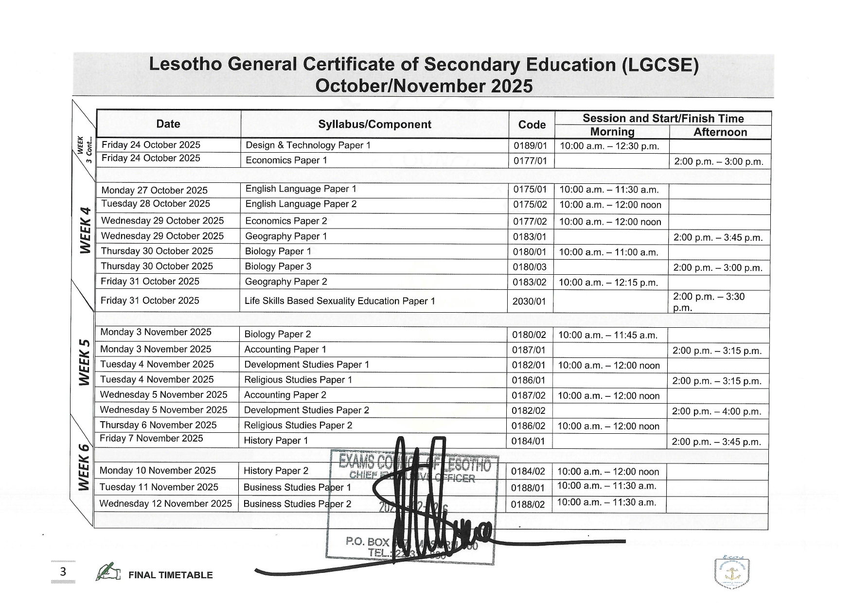 Lesotho General Certificate of Secondary Education (LGCSE) October/November 2025