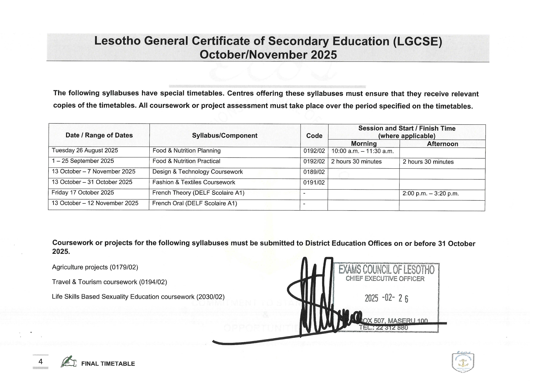 Lesotho General Certificate of Secondary Education (LGCSE) October/November 2025
