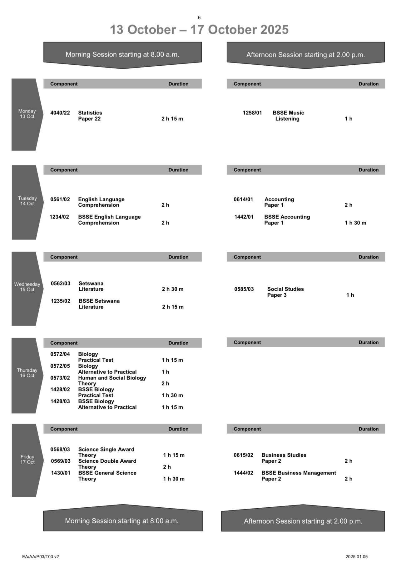 BOTSWANA BGCSE TIMETABLE OCTOBER/NOVEMBER 2025
