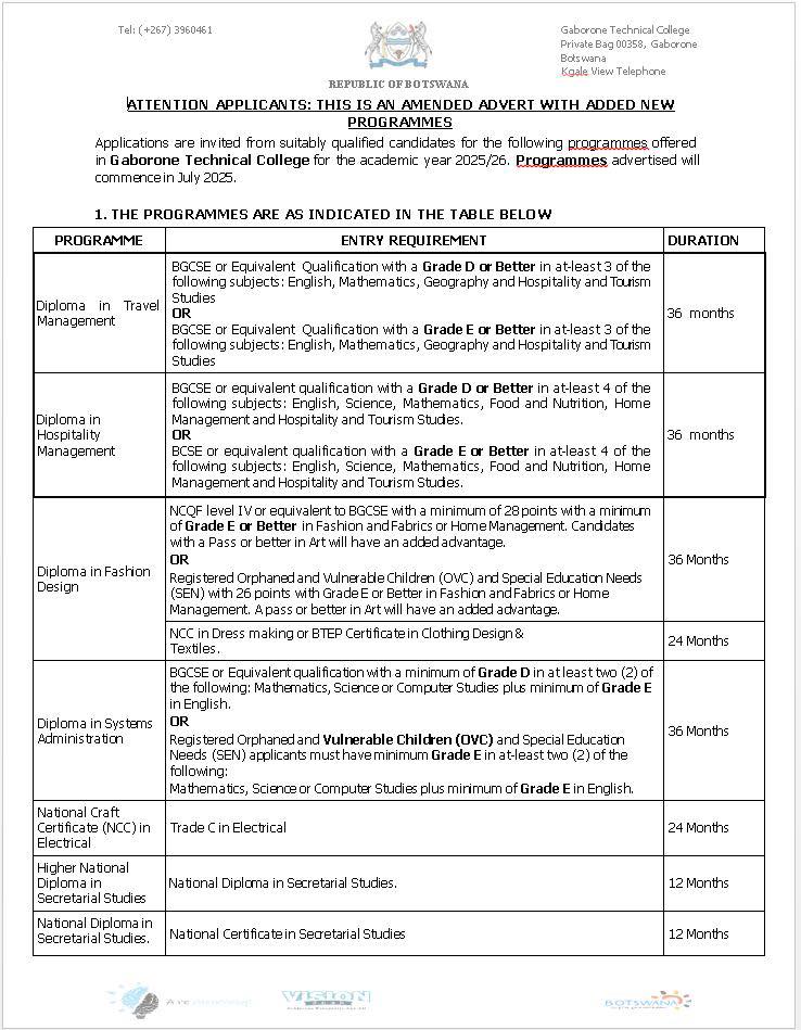 Gaborone Technical College Application for 2025/26 Academic Year