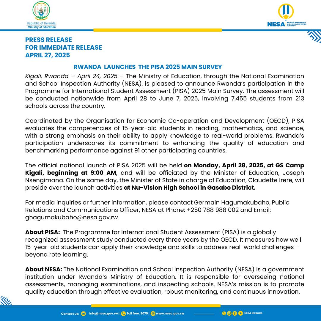 RWANDA LAUNCHES THE PISA 2025 MAIN SURVEY