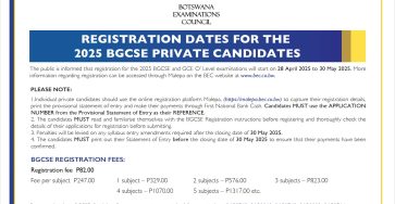 Botswana Examinations Council Registration Dates for 2025 BGCSE Private Candidates