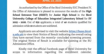 BICOL University Announce Results of High School Entrance Test (HiSET) For Junior High School