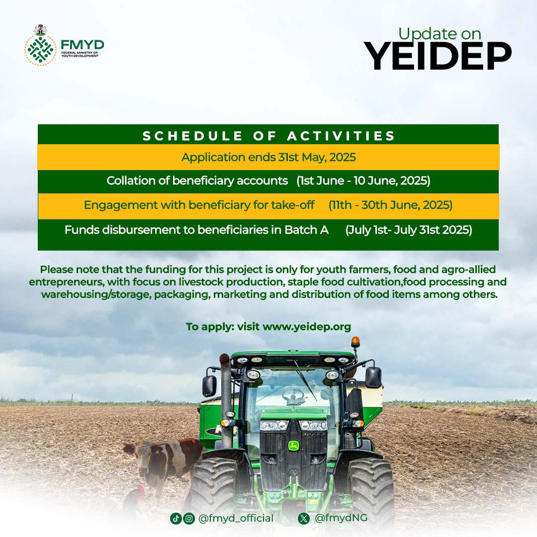 Federal Government YEIDEP 2025 for Youth Farmers And Agro Entrepreneurs (Fully Funded)