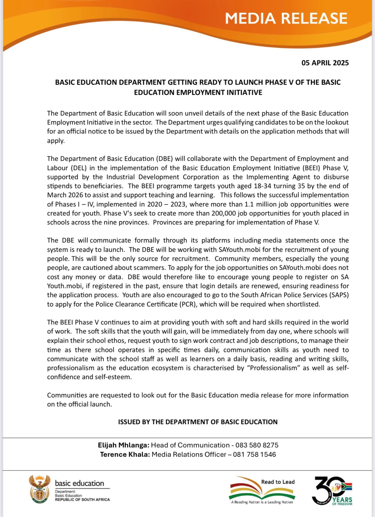 DBE BEEI Teacher Asistant Recruitment 2025 (Phase V)