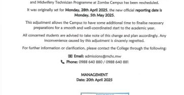 Malawi College of Health Sciences Change Opening Date for Diploma In Nursing And Midwifery Technician Programme