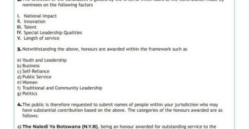 BOTSWANA HONOURS AND AWARDS 2025 - CALL FOR SUBMISISON OF NOMINEES