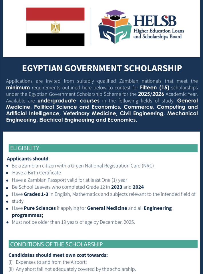 Egyptian Government Scholarship Scheme 2025/2026 for Zambia Students