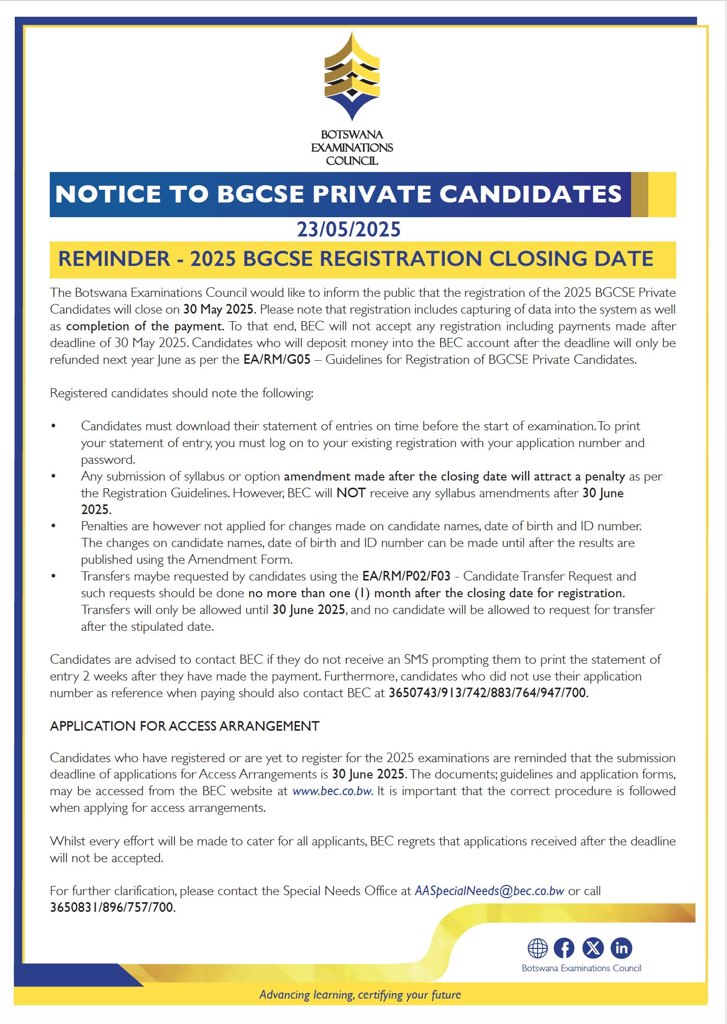 Deadline for Botswana Examination Council 2025 BGCSE Private Candidate Registration