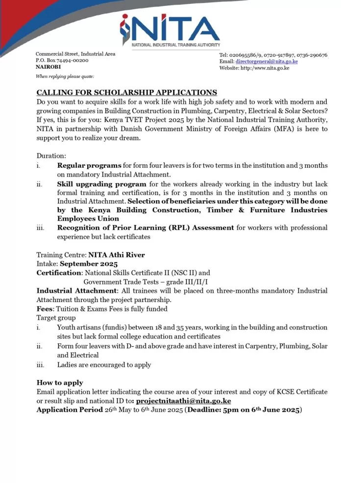 NITA KENYA TVET PROJECT 2025/Danish Government Scholarship