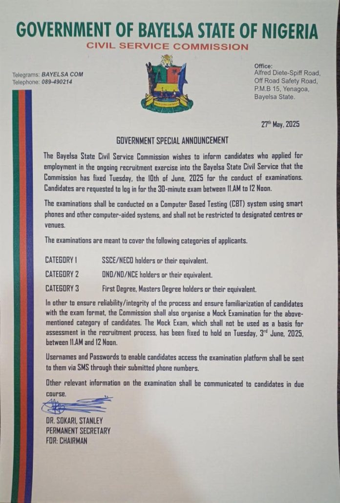 Bayelsa State Government Fix Date for 2025 Recruitment Examination