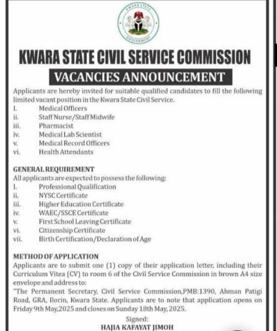 Kwara State Civil Service Commission Vacancies 2025 for Medical And Health Personnel