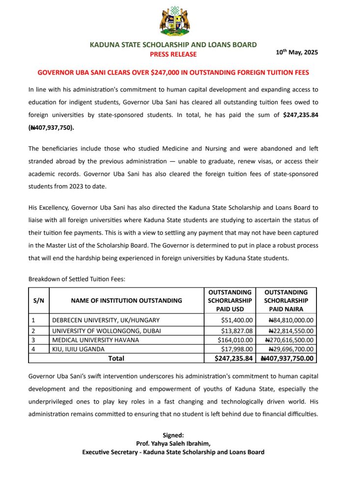 GOVERNOR UBA SANI CLEARS OVER $247000 IN OUTSTANDING FOREIGN TUITION FEES