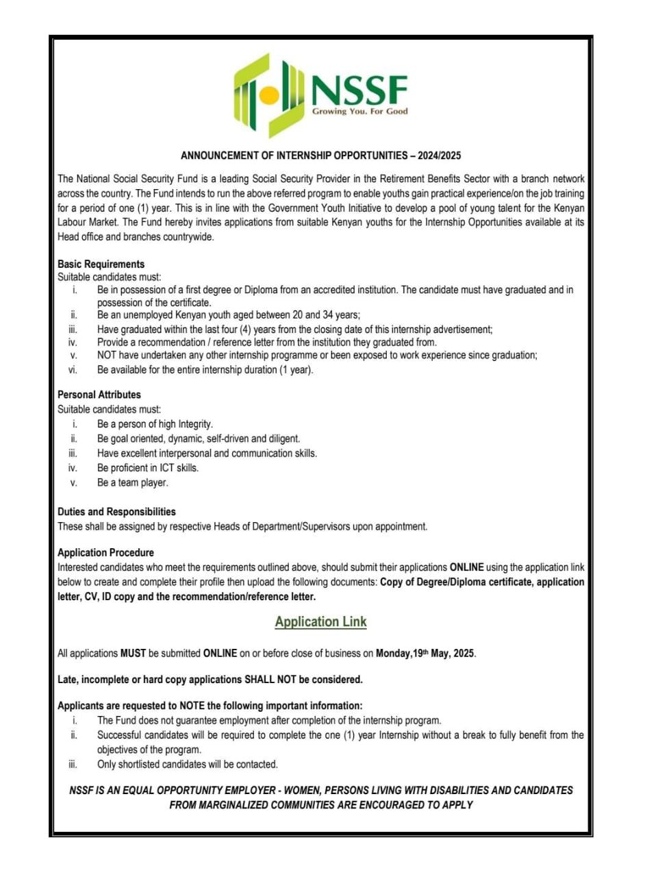 National Social Security Fund (NSSF) 2025 Internship Programme For Kenyans