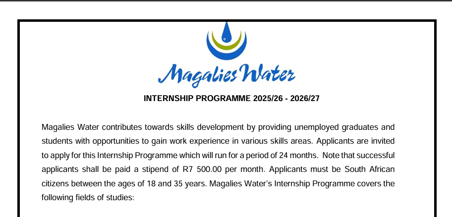 Magalies Water Internship Programme 2025/2026 for Unemployed South Africans