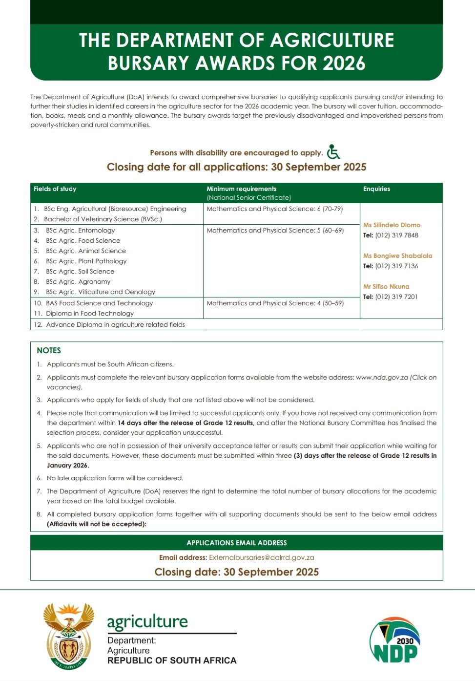 The Department of Agriculture (DoA) 2026 Bursary Award for South Africans