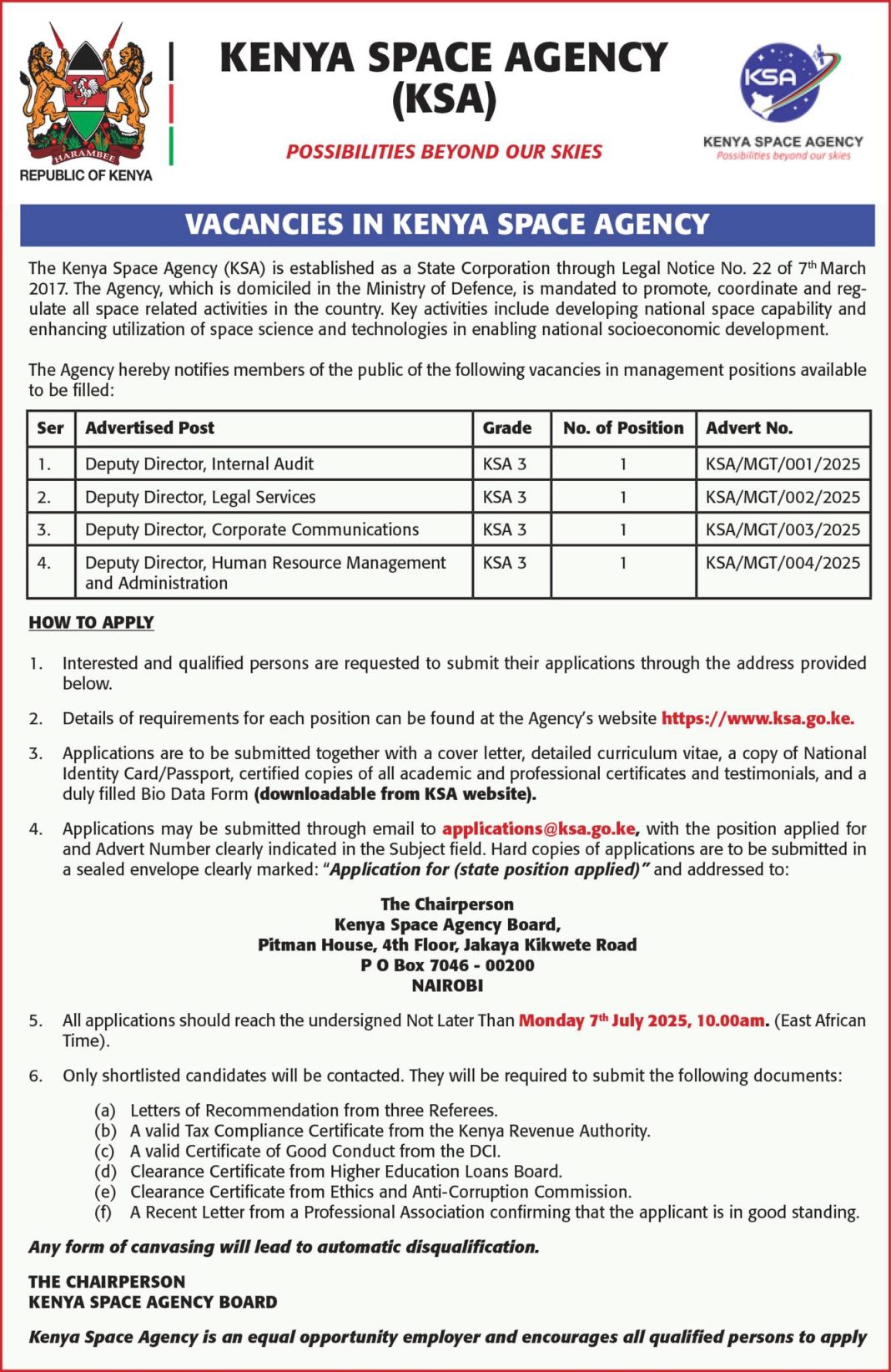 Kenya Space Agency (KSA) 2025 Jobs In Mnagement Positions